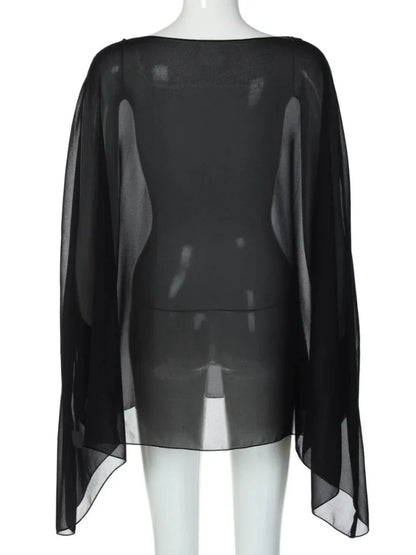 Woman Clothes See-through Chiffon Blouses Sexy Fashion Solid Cover-ups Ladies Elegant Night Club Tops White Black Streetwear Good Vibrations