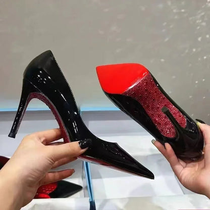 High Heels Women's Slim Heels New Stunning and Sexy Wedding Shoes Black Patent Pointed Single Shoes High Heels Туфли Женские Good Vibrations