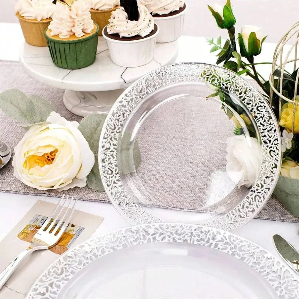 Reusable Silver Plastic Cutlery Set, Including Plates, Knives, Forks, and Spoons, Manually Washable Good Vibrations