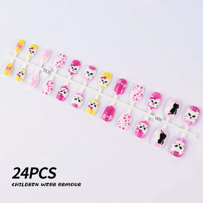 24Pcs/Strip Pink Detachable Child False Nails Tip Kawaii Cartoon Strawberry Acrylic Artificial Full Cover Press On Nail for Girl Good Vibrations