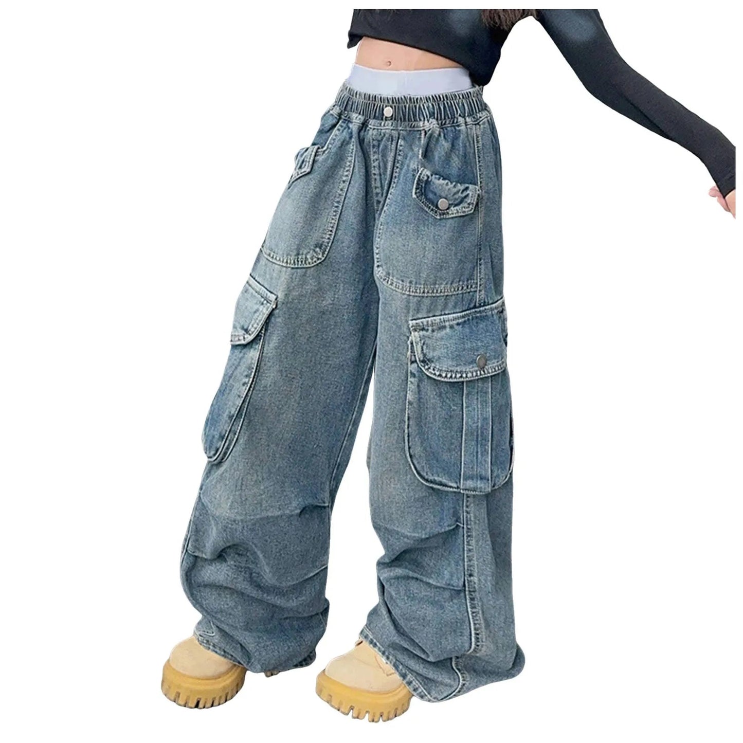 Girls Big Pocket Jeans Fashion Casual Workwear Wide Leg Pants Spring Summer Children Daily Comfy Oversized Trousers Kids Bottom Good Vibrations
