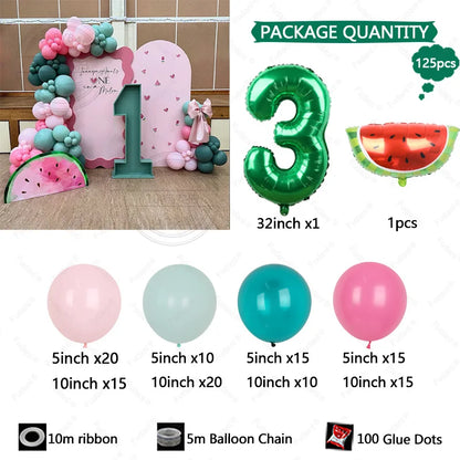 125pcs Summer Fruit Themed Party Decoration Green Number Birthday Balloon Set Red Watermelon Balloon Birthday Photo Background Good Vibrations