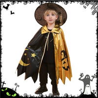 Halloween Witch Cosplay Costume for Kids Gold Black Color Block Cape with Hat Pumpkin Moon Print Cloak Outfit Party Dress Up Good Vibrations