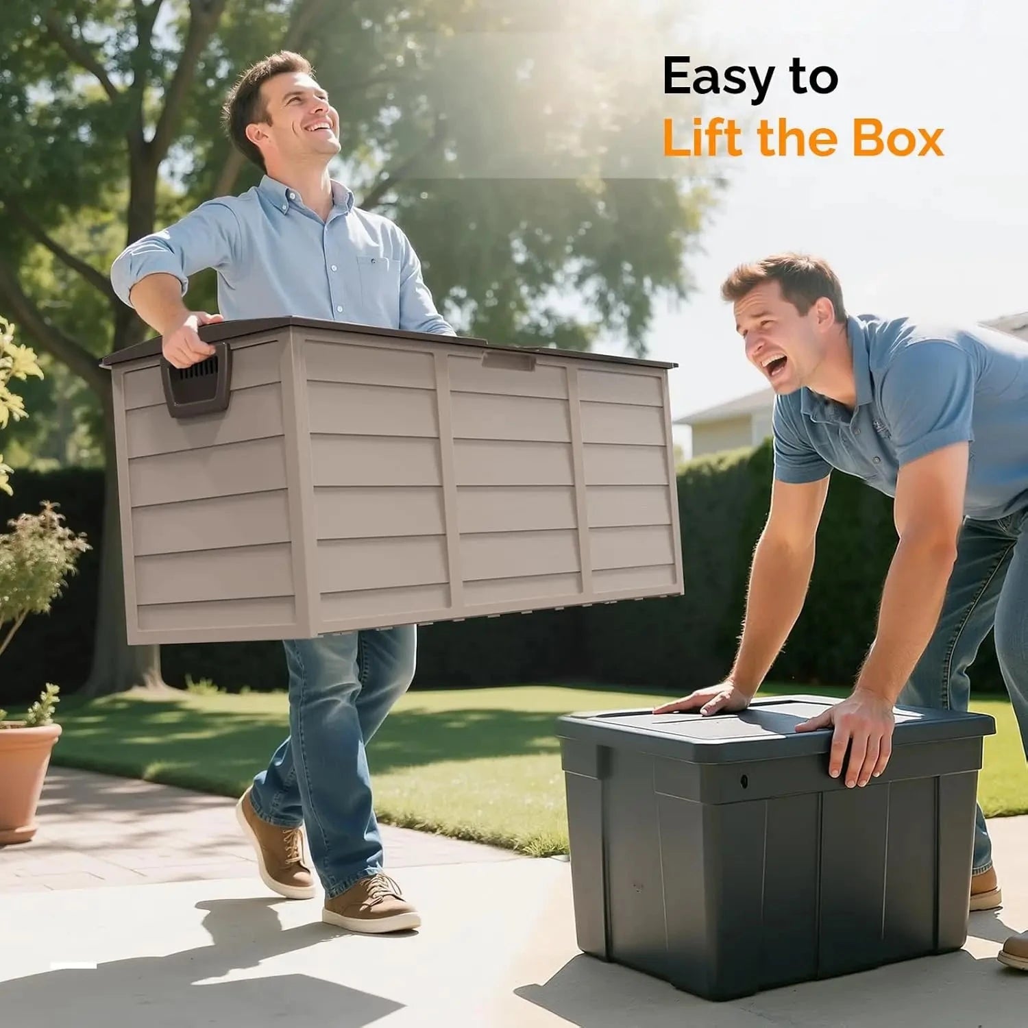 75 Gallon Outdoor Storage Box, Lockable Plastic Storage Containers with Lid, Patio Deck Box Furniture for Garden, Pool, Balcony, Good Vibrations