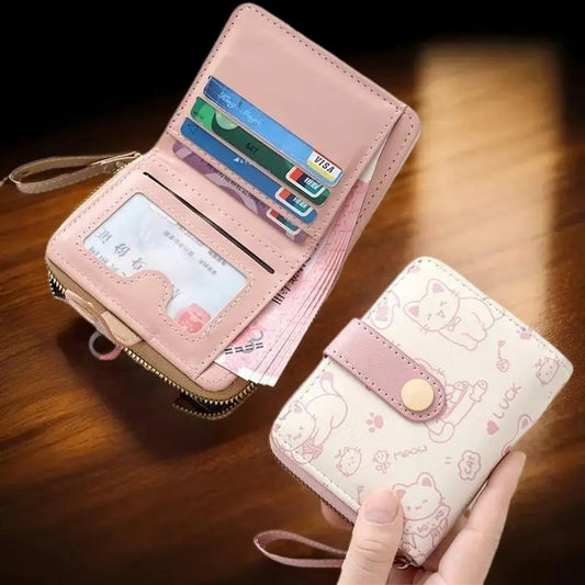 Cute Cat PU Leather Coin Purse Women Fashion Short Wallet Folding Zipper Wallet ID Card Holder Travel Lightweight Cash Coin Bags Good Vibrations