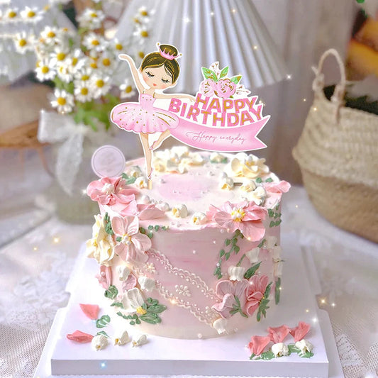 Pink Ballerina Girl Cake Topper Toppers Crown Dress Kids Happy Birthday Wedding Party Baby Shower Baking Cake Dessert DIY Decor Good Vibrations