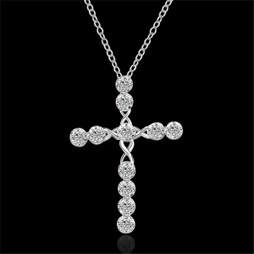 45cm 925 sterling silver Crystal Necklace wedding charms women lady noble Fashion Jewelry Classic Cross nice gift Good Vibrations