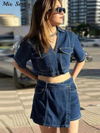 Denim Irregular Hem Skirt Shorts Set Women Slim Short Sleeve V Neck Crop Tops High Waist Shorts 2025 New Female Y2k Streetwear Good Vibrations Adult Super Store