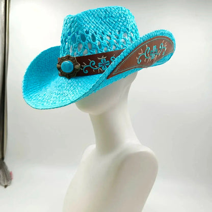 hats straw cowgirl western hat  mexican hat  retro curling hat western cowboy hat outdoor riding hat travel sports hat Good Vibrations