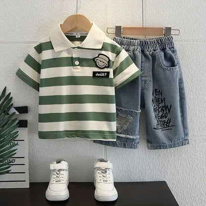 Boys Outfit T-Shirt and Jeans Korean Polo Fashion 2PCS Casual Clothing Korean Reviews  2025 Summer Top Toddler Kids Clothes Sets Good Vibrations
