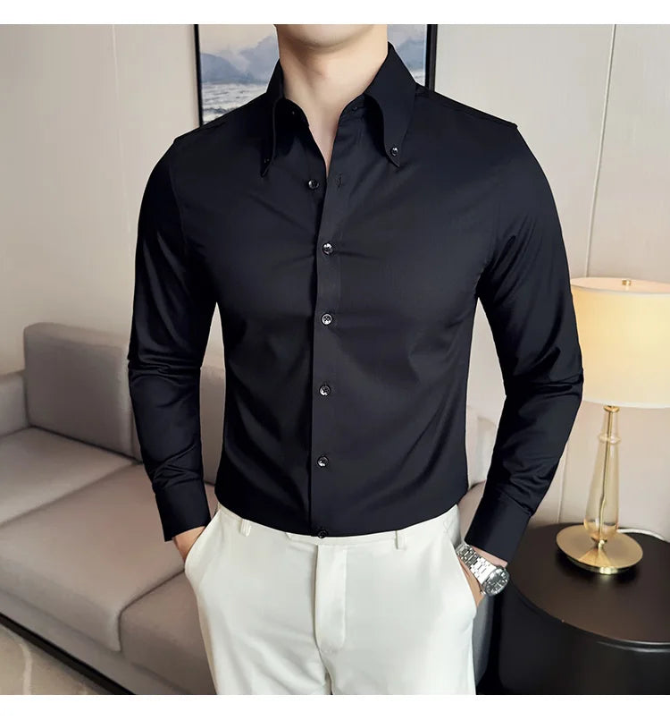 High Quality Versatile Business Casual Shirt Men Korean Fashion Long Sleeved Slim Fit Shirt Office Work Uniform Men Clothing 6XL Good Vibrations