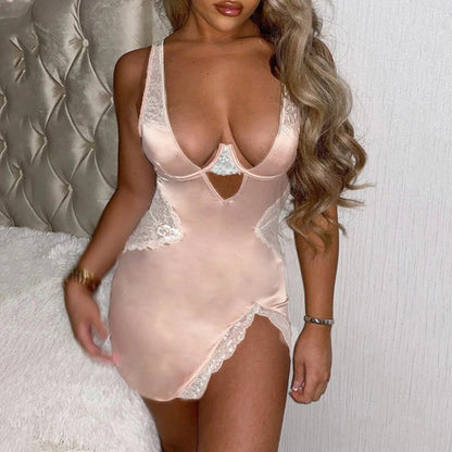 Muziskat 2025 New Lace Patchwork Ladies Bra Set Sexy Erotic Low-cut Luxury French Nightgown Split Sling Two Piece Set Good Vibrations Adult Super Store