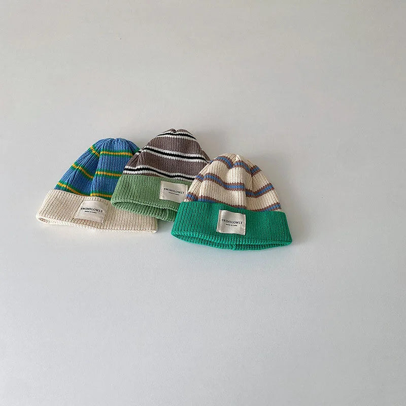 Fashion Striped Kids Knit Hat Boys Beanie Cap Girls Bonnet Cap With Label Korean Style Winter Autumn Infant Baby Accessories Good Vibrations