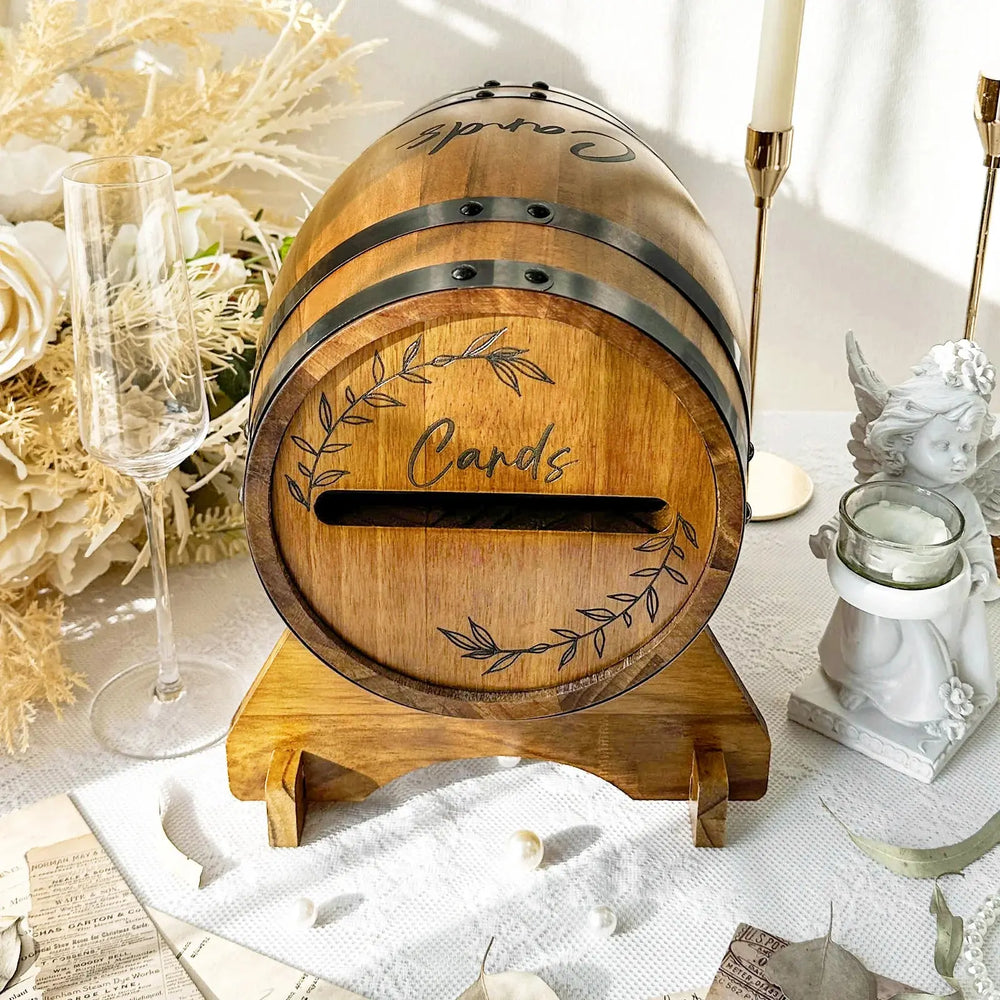 OurWarm Wooden wedding card box with base, brown whiskey barrel gift card box, suitable for graduation ceremony, baby shower Good Vibrations