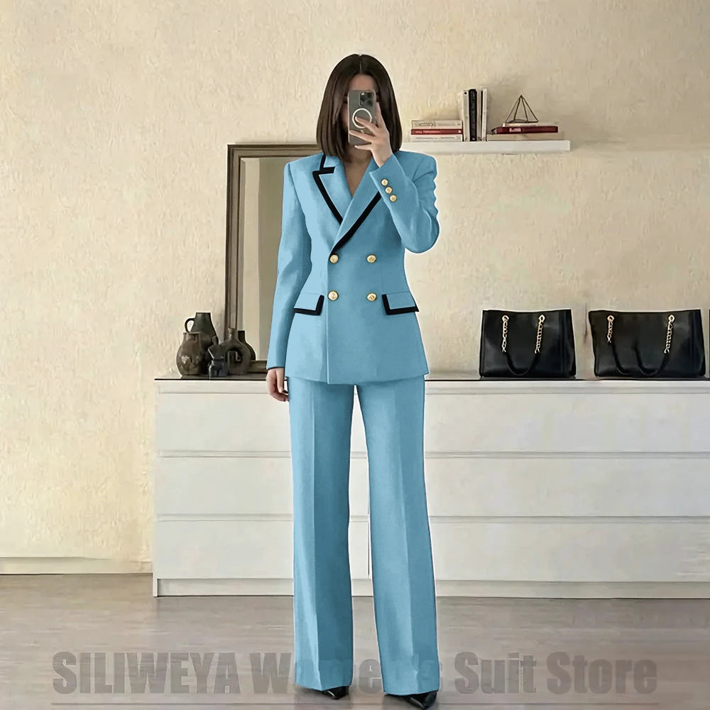 Women's Red Suit Two Piece Set Double Breasted Blazer with Black Trim and Pants Elegant Formal Fashion Daily Casual Party Tuxedo Good Vibrations
