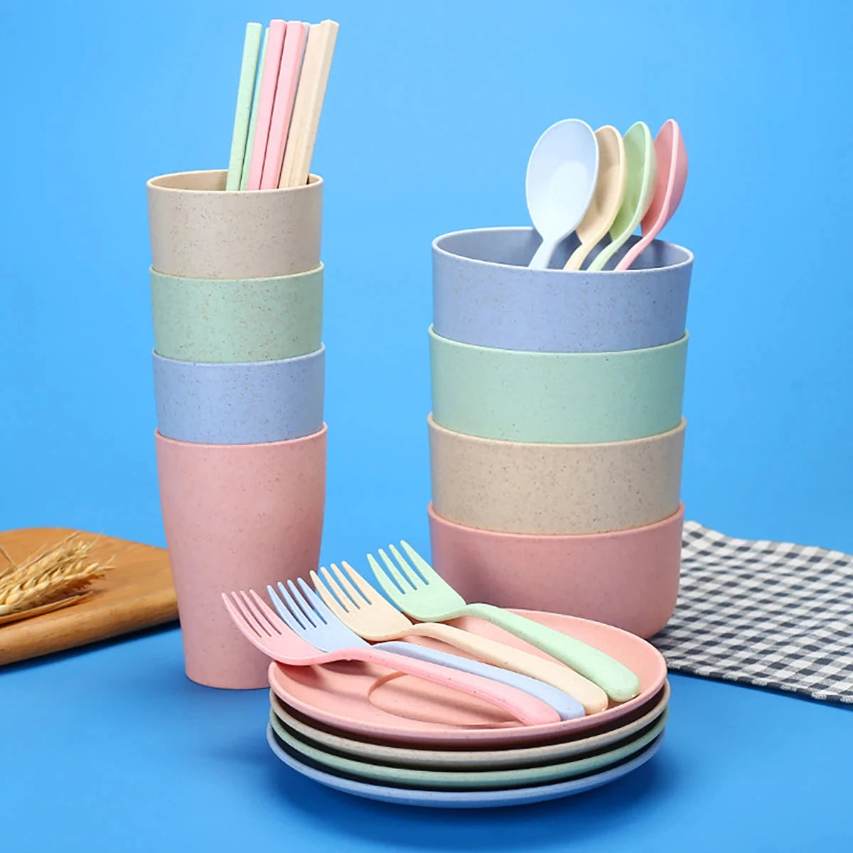 Fork Spoon Chopsticks Bowls Cup Dish Dinnerware Set High Grade Wheat Straw Tableware Children's Unbreakable Dishes Camping Set Good Vibrations