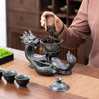 1 Set of Rotating Teapot, Ceramic Kiln Turned Ruyi Dragon-Shaped Teapot Set, Teapot with 8 Teacups, Without Tea Tray, Semi-Automatic Tea Set, Lazy Kung Fu Tea Set, All in One Coffee Drink Set, Novelty Tea Gift Good Vibrations