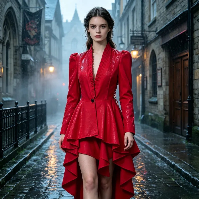 Women Medieval Victorian Costume Tuxedo Tailcoat Gothic Steampunk Trench Irregular Hem Vintage Frock Outfit Coat Party Dress Good Vibrations