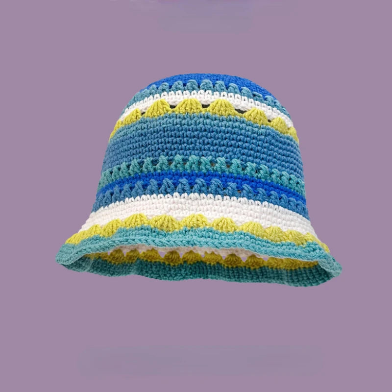 2024 Spring New Crochet Hat Korean Handmade Bucket Hat Women's Weaving Knitted Hat Y2k Fashion Flowers Autumn Winter Ins Beanies Good Vibrations