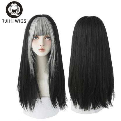 7JHHWIGS Long Wavy Synthetic Black Wigs For Women With Fringe Fashion Heat Resistant Mid-Length Daily Straight Light Brown Hair Good Vibrations