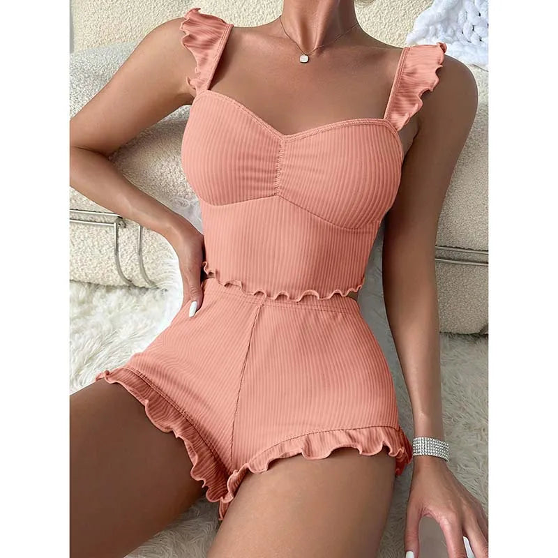 Women's Two-Piece Pajamas Set Summer Sexy Solid Ruffles Camisole And Shorts Pyjamas Set Sleepwear Good Vibrations