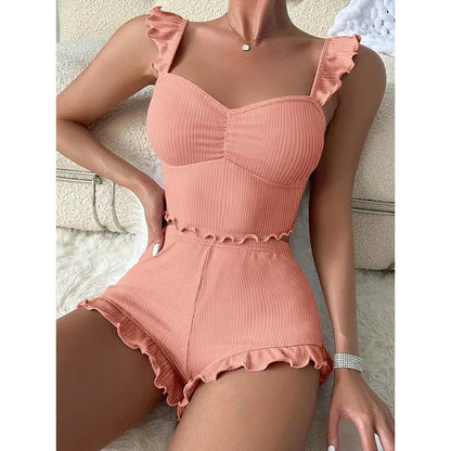 Women's Two-Piece Pajamas Set Summer Sexy Solid Ruffles Camisole And Shorts Pyjamas Set Sleepwear Good Vibrations