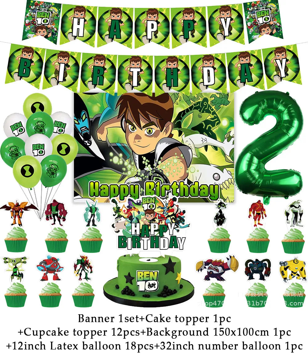 Cartoon Ben-10 Birthday Party Decoration Balloons Favor Set Banner Cake Toppers Baby Shower Boys Gift Party Supplies Photo Prop Good Vibrations