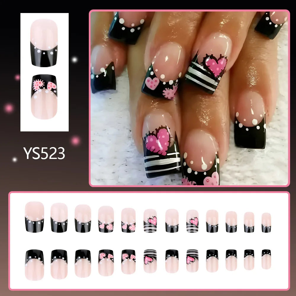 24pcs y2k Black French Press on Nails Short Square Pink Heart Fake Nails Full Cover Wearable Sweet Valentine's Day False Nails Good Vibrations