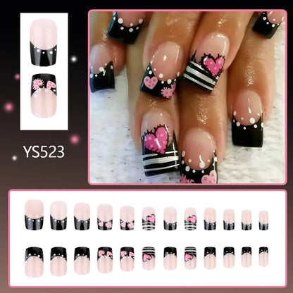 24pcs y2k Black French Press on Nails Short Square Pink Heart Fake Nails Full Cover Wearable Sweet Valentine's Day False Nails Good Vibrations