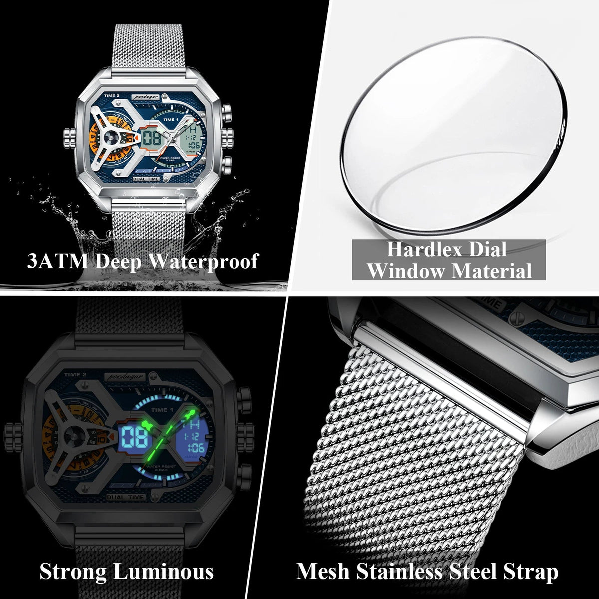 POEDAGAR Top Fashion Men Clock Rectangle Waterproof Date Week LED Man Watch Electronic Mesh Stainless Steel Quartz Men's Watches Good Vibrations