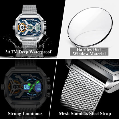 POEDAGAR Top Fashion Men Clock Rectangle Waterproof Date Week LED Man Watch Electronic Mesh Stainless Steel Quartz Men's Watches Good Vibrations