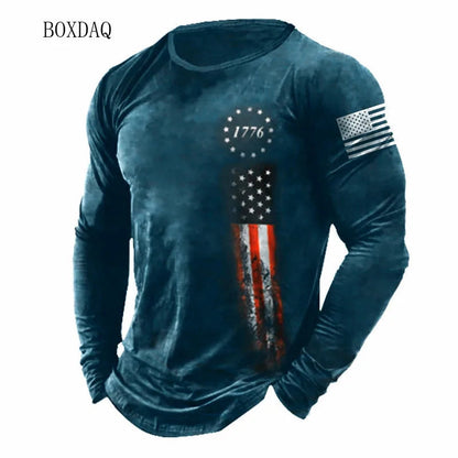 American Flag Pattern Men T-shirts Spring Autumn Long Sleeve 3d Print Street Fashion Tee 6XL Plus Size Male Clothing Casual Tops Good Vibrations