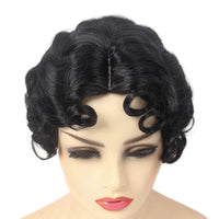 REEWES fShort Curly Finger Wave Wigs With Oblique Bangs 1920s Retro Wavy Cosplay Costume Wig Classy Vintage Wavy Style For Women Good Vibrations