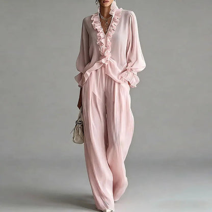 White Casual 2 Piece Outfit for Woman Sexy Ruffle V Neck Long Sleeve Blouse Wide Leg Pants Set Spring Summer Bohemian Suit Mujer Good Vibrations