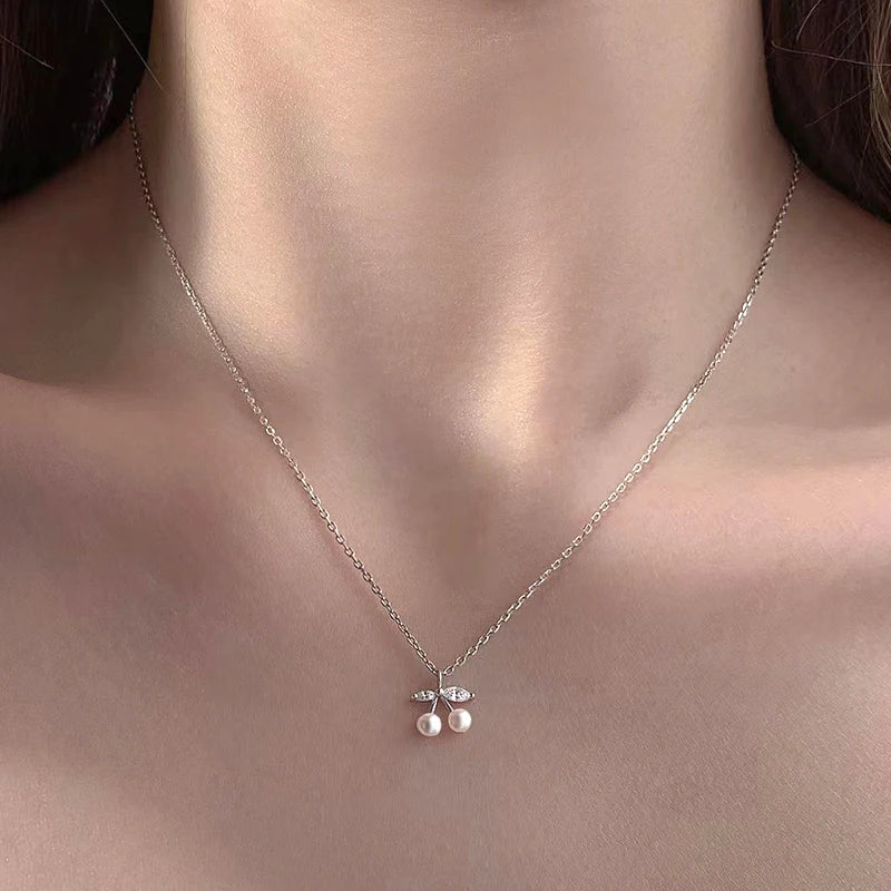 Huitan Chic Small Cherry Pendant Necklace for Women Simulated Pearl Accessories for Engagement Ceremony Zirconia Jewelry Gifts Good Vibrations