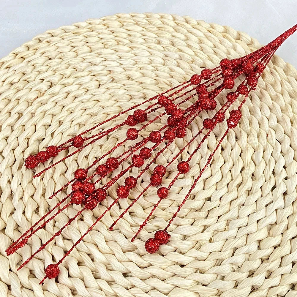 Christmas Tree Decoration, Fake Glitter Berry Leave, Dried Branch, Golden Powder, Flower Material, New Year Party, 1Pc, 12 Forks Good Vibrations