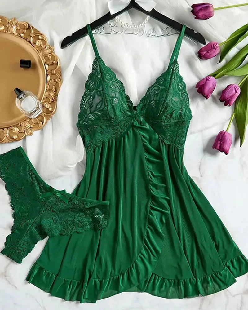 Soft Sheer Nighty Pajamas Hotselling Nightgowns Dark Green Halter Dress Women Sleepwear Sexy Bra Plus Size Nightdress Thong Sets Good Vibrations