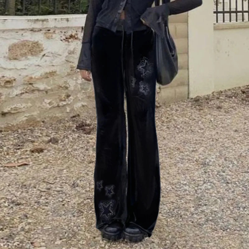 Goth Dark Techwear Fashion Stars Rhinestone Drawstring Pants Mall Goth Streetwear 90s Grunge Soft Velvet Trousers Women Y2K Pant Good Vibrations