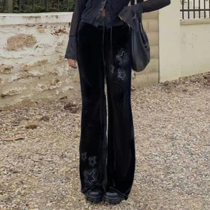 Goth Dark Techwear Fashion Stars Rhinestone Drawstring Pants Mall Goth Streetwear 90s Grunge Soft Velvet Trousers Women Y2K Pant Good Vibrations