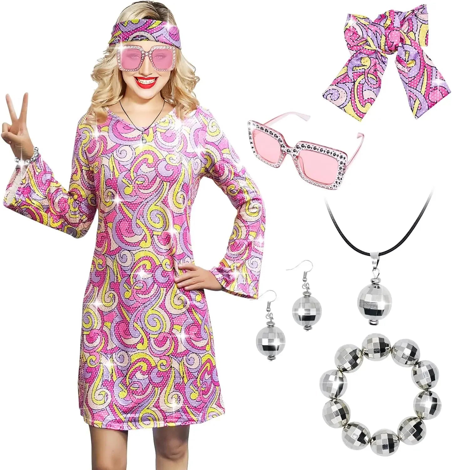 Disfraz 70s Women Disco Dress Hippie Costumes Necklace Earrings Glasses, 60's 70's Birthday Outfits, 1970s Prom Bling Dress Good Vibrations