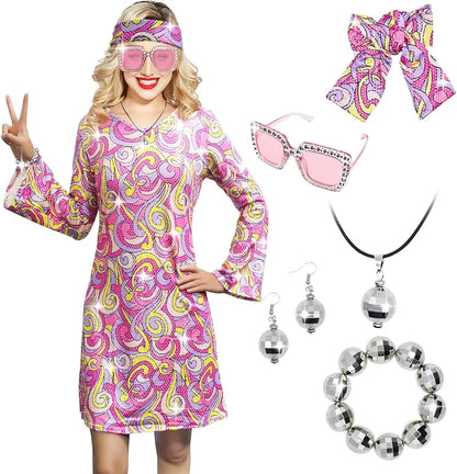 Disfraz 70s Women Disco Dress Hippie Costumes Necklace Earrings Glasses, 60's 70's Birthday Outfits, 1970s Prom Bling Dress Good Vibrations