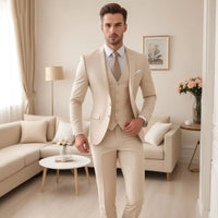 Beige Men Suits 3 Piece Fashion Notch Lapel Single Breasted Tuxedo Wedding Groom Chic Solid Casual Slim Office Male Suit Good Vibrations