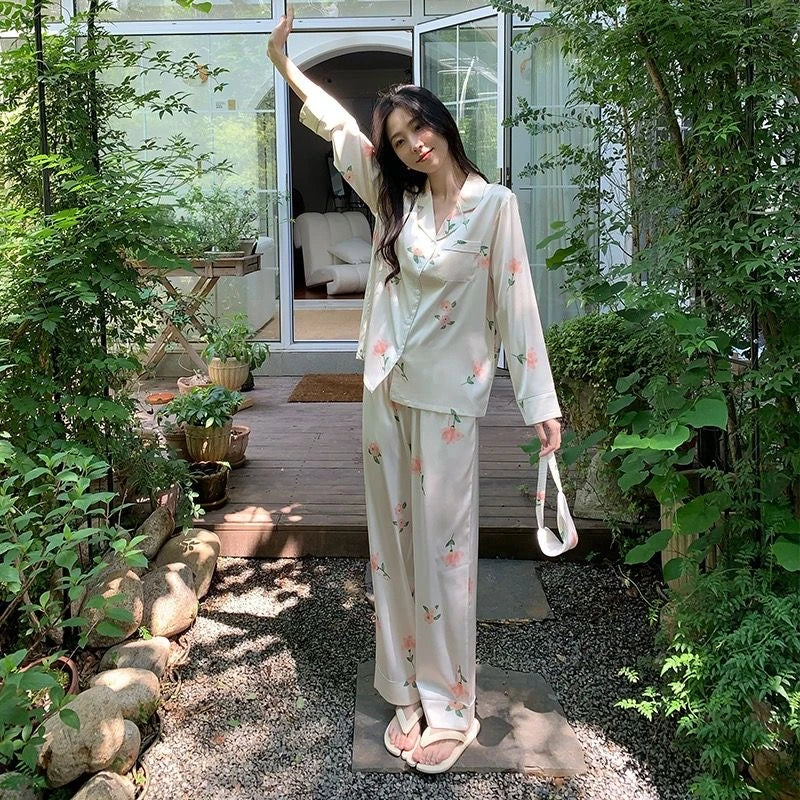 2023 Spring Autumn New Ice Silk 2 Pieces Pajamas for Women Fashion Cardigan Women's Pajamas Sweet Printing Loungewear Women Set Good Vibrations