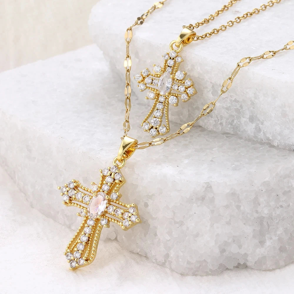 Women's European & American Retro Cross Pendant Necklace Stainless Steel Collarbone Chain Fashionable Light Luxury Jewelry Good Vibrations