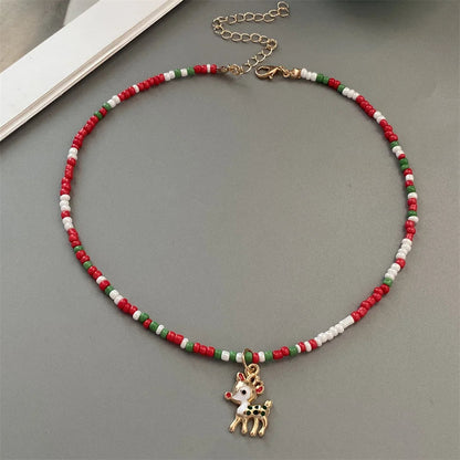 Christmas Necklaces for Women Girls Handmade Rice Beads X'mas Tree Santa Claus Snowman Gift Necklace Pendant New Year Jewelry Good Vibrations