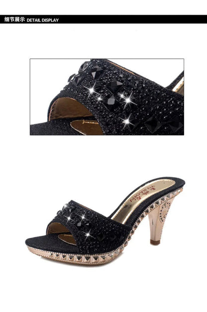 Summer Women Sandals Rhinestone Women Shoes Sexy High Heels Shoe Ladies Sandalias Gold Silver Women Slippers Heeled Sandals Sexy Good Vibrations