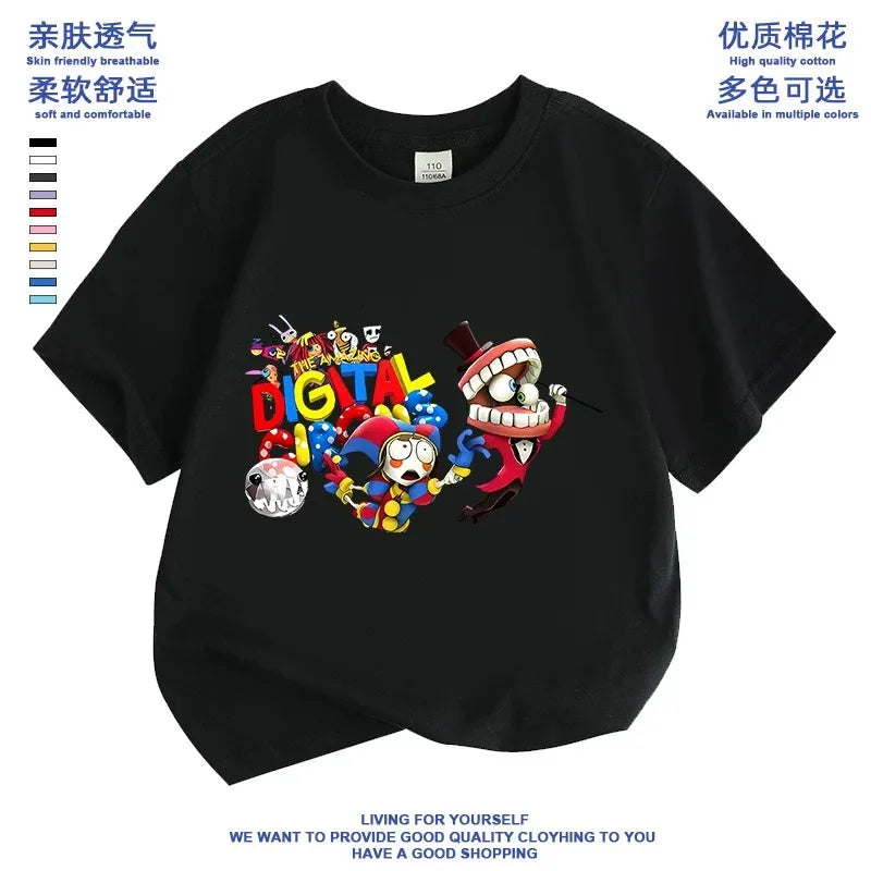 2026 Pure cotton boys and girls' short-sleeved T-shirt summer children's clothing cartoon magic digital circus children's top Good Vibrations