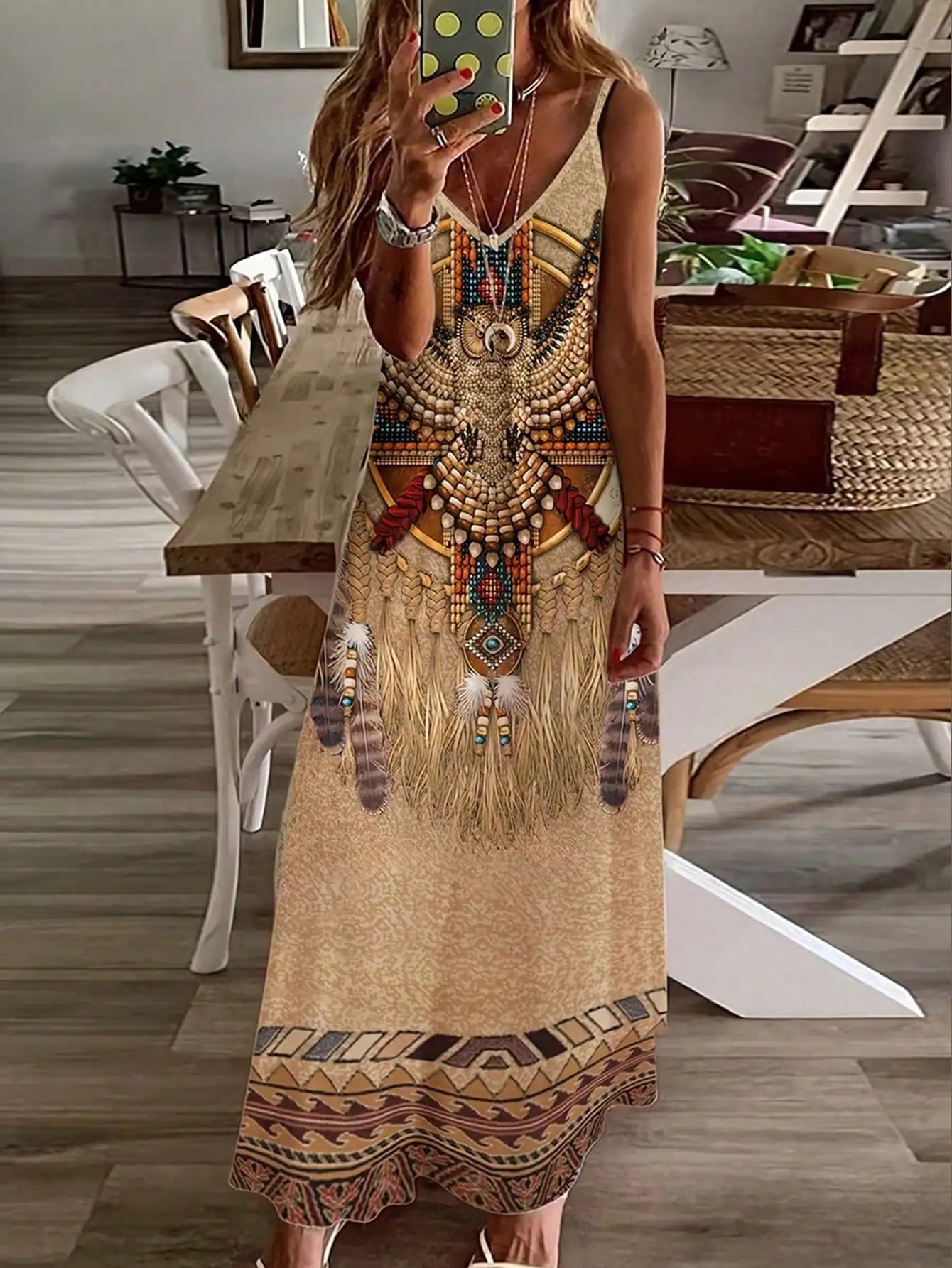 Women's Fashion Western Ethnic Print Casual Suspender Dress Good Vibrations