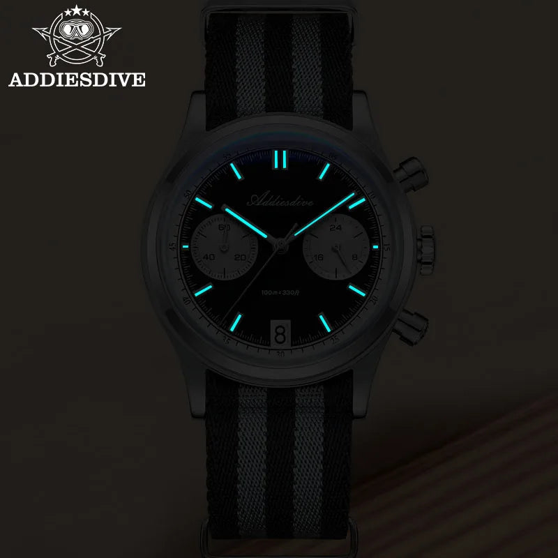 ADDIESDIVE Top Brand Man Watch BGW9 Super Luminous 10Bar Waterproof Bubble Mirror Glass VK64 Chronograph Quartz Steel Wristwatch Good Vibrations