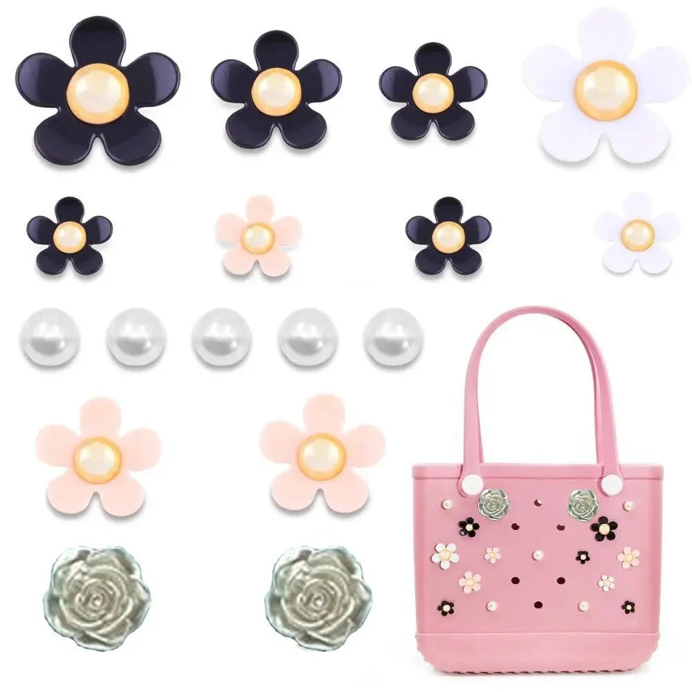 24Pcs Flowers and Pearls Charms for Bogg Bag Compatible with Women Rubber Beach Bag Tote Handbag Decoration Good Vibrations